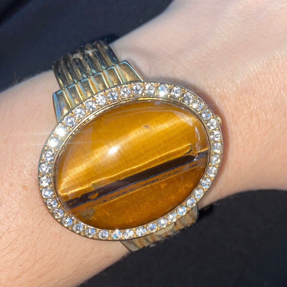 VINTAGE GENEVA Tigers Eye Gemstone bangle Bracelet Cuff watch Quartz Custom